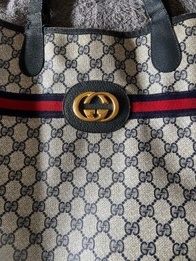 Vintage! Gucci Navy Interior Tote with Gold Plaque
